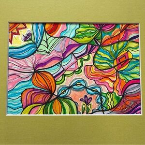 Original hand drawn intuitive abstract art with mat.